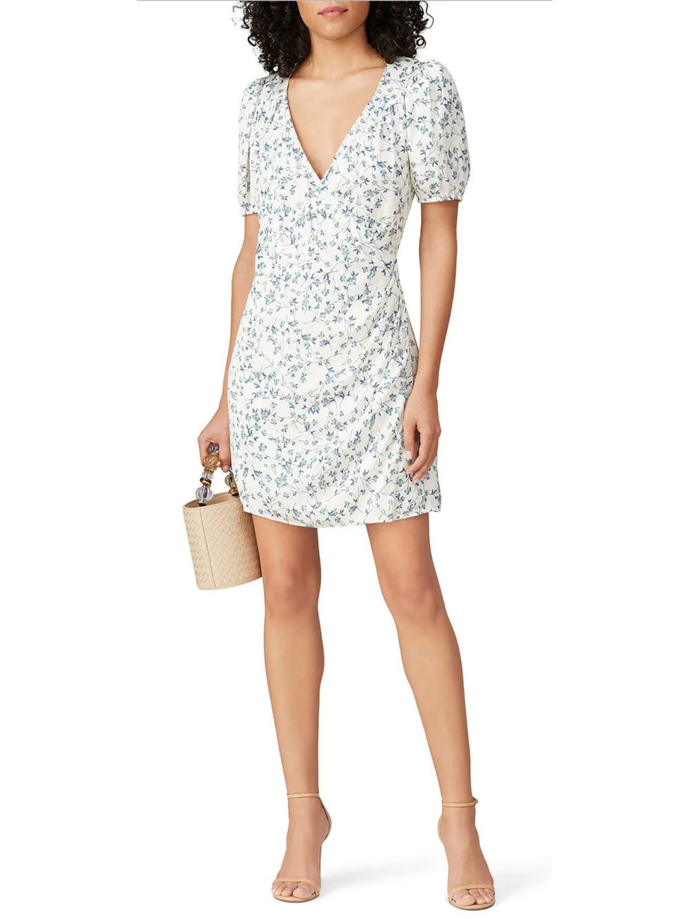 Greylin Gabi Faux Wrap Dress Womens M White Green Blue Floral‎ Puff Sleeve Satin